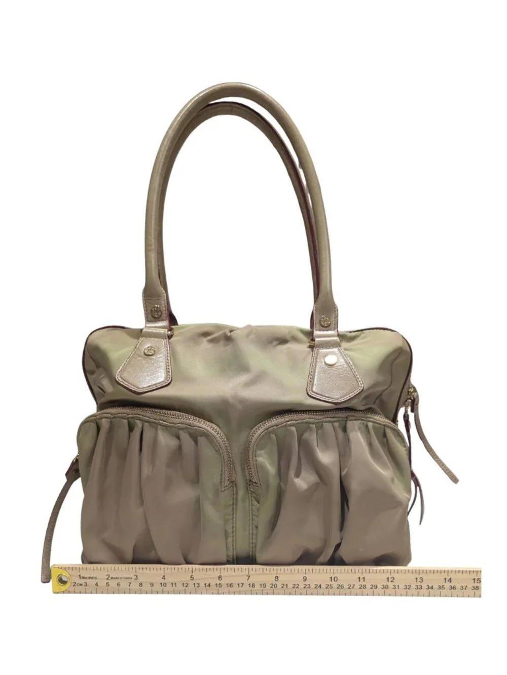 MZ Wallace Nylon Satchel Shoulder Bag Olive Khaki Leather Trim Gold Hardware